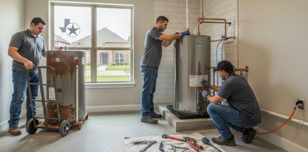 3 Man working on a water heater installation in the home